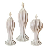Trio Potiche Cerâmica Vasos Com Tampa Decoração Sala Rack Cor Bege Fosco