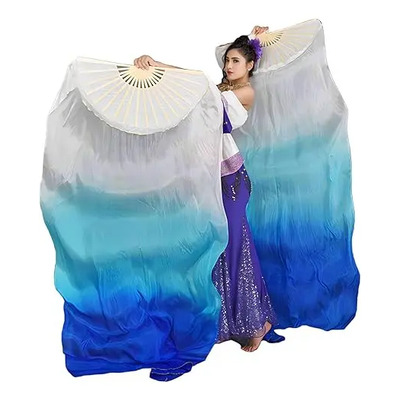 2 Abanicos De Danza Del Vientre De Seda Artificial De 1.5 M, Abanico Plegable Baile Abanico Largo De Boda Seda Bambú, Abanico Tricolores, Ligeros Y Portátiles, Material De Satén De Sedablanco Azul