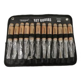 Set 12 Gubias Profesional Acero Mango Madera + Estuche Cuero