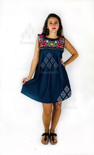 Vestido Mexicano Corto Mezclilla Sin Manga Bordado Margarita