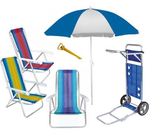 Kit Praia Cadeira Alum 8 Pos Guarda Sol 1,8m Carrinho Avanço