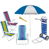 Kit Praia Cadeira Alum 8 Pos Guarda Sol 1,8m Carrinho Avanço