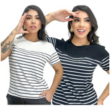 Kit 2 Blusas Feminina T- Shirt Camiseta Listrada Moda Camisa