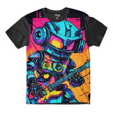 Camiseta Infantil Robo Guitar Music Neon Dance Moda Kids