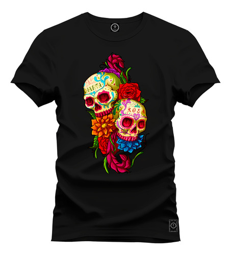 Camiseta 100% Algodão 30.1  Estampada Caveira Mexicana