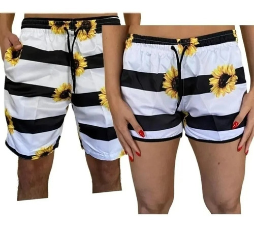 Kit De Shorts Casal De Praia  Bermuda  Tectel Com Elástico 