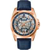 Relógio Bulova Masculino Automático 97a161 Social Rose Cor Da Correia Azul Cor Do Bisel Bronze Cor Do Fundo Esqueleto