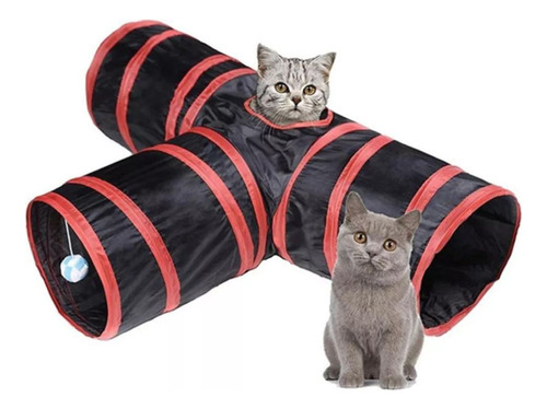 Túnel Pet Gato Formato T Dobrável Nylon 3 Saídas Vermelho