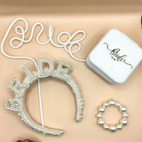 Kit Novia Bride Joyero Diadema Liga Globo Y Popote Bride