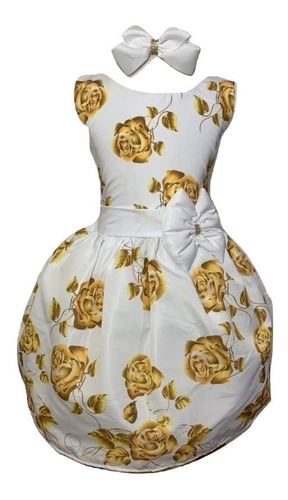 Vestido Infantil Branco E Dourado Ano Novo Reveillon Brinde