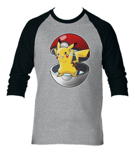 Camiseta Manga Larga  Pokebola Pikachu Anime Camibuso Gris