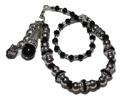 Pulsera Doble Negro Con Bolitas Plateadas Y Piedritas