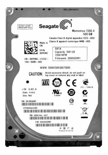 Hd Sata Interno Seagate 500gb 7.2k 2.5 Momentus St9500420as