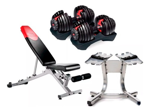 Dumbbell 552 10-90 Lbs Mancuernas Set+ Stand + Banca Bowflex