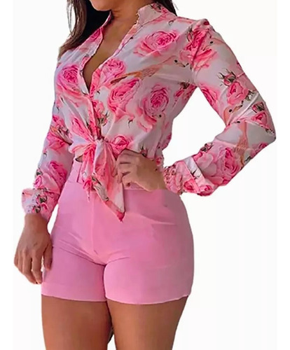 Conjunto De Pantalones Cortos De Camisa Impresa Para Mujeres