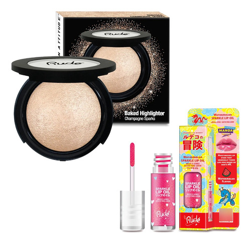 Kit Rude Cosmetics Iluminador En Polvo Champagne Y Lip Oil 