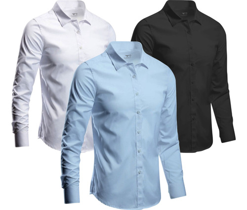 Kit 3 Camisa Social Masculina Slim Fit Manga Longa Promoção