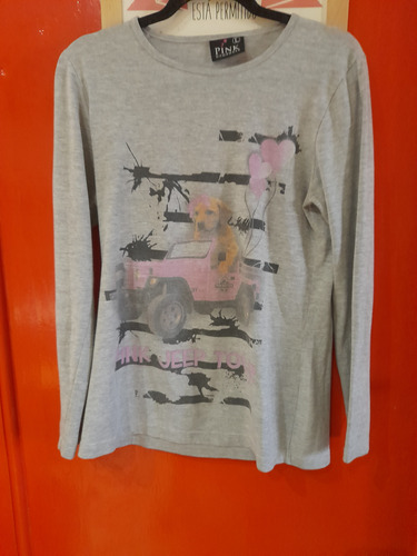 Remera Mangas Largas L Gris Estampada Pink