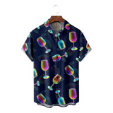 Camisa Hawaiana Unisex Azul Con Copa De Vino Tinto, Camisa D