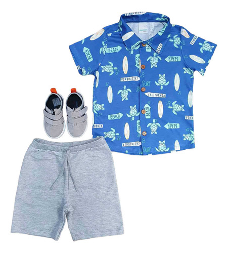 Conjunto Verão Camisa Bermuda Cinza Infantil Menino Roupa