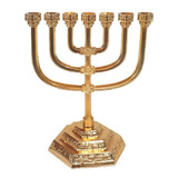 Candelabro Menorah Judaico De Mesa Pequeno Folheado Ouro 18k