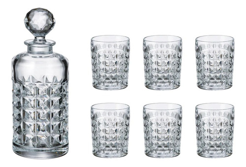 Set Whisky Botellon + 6 Vasos Cristal Bohemia Diamond 7 Pzas