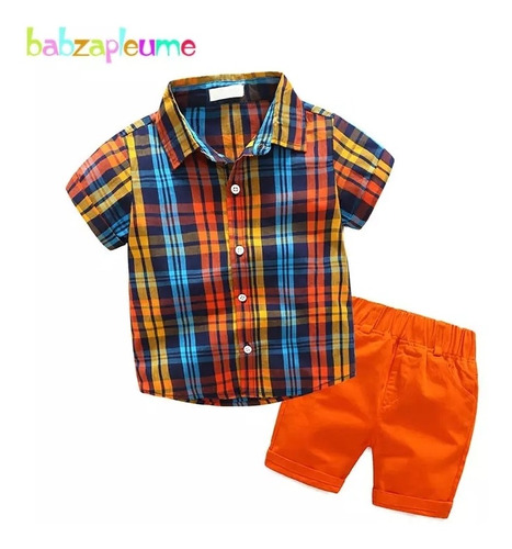 Conjunto Niño Camisa Cuadros + Shorts Naranja
