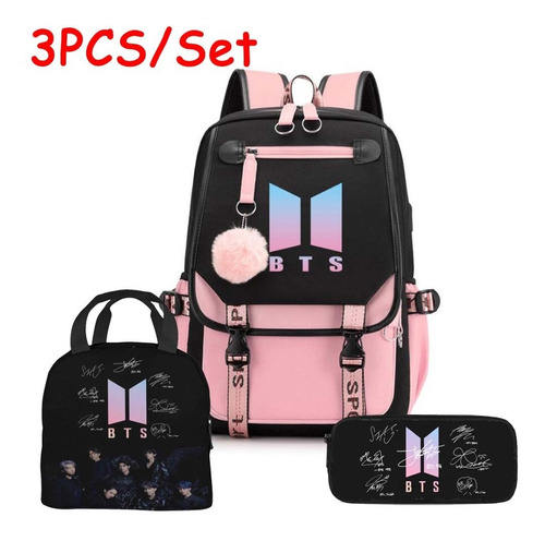 Juego De 3 Mochilas K-pop Bts+bolsa De Comida+bolsa De Lápic