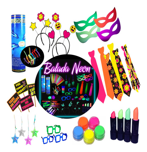 Kit Festa Neon Adereço 71 Item C/ Maquiagem + 50 Balões Neon