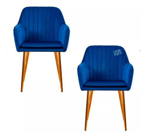 Set 2 Sillas Tapizadas Acolchadas Patas Doradas Terciopelo Color De La Estructura De La Silla Dorado Color Del Asiento Azul Diseño De La Tela Lineas Acolchadas