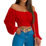 Blusa Crop Top Campesina Casual De Hombros Descubiertos Dama