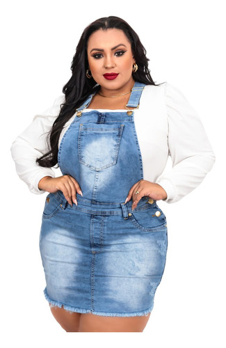 Macacão Jardineira Saia Jeans Feminina Plus Size Com Lycra