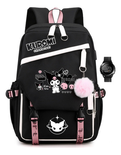 Mochila Escolar De Gran Capacidad Y Reloj Kuromi Melody, Col