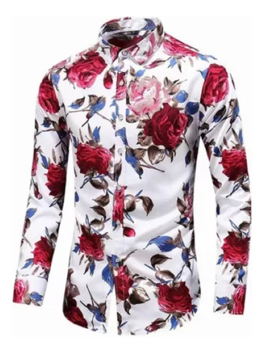 Camisa Hawaiana Manga Larga Con Estampado Floral P/hombre