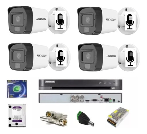 Kit Dvr 04 Canais Acusense Hikvision / 04 Cameras C/ Áudio