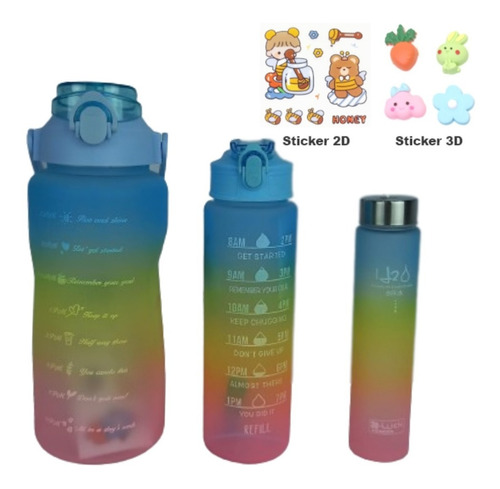 Combo De 3 Termos Botella Agua Motivacional + Stickers Y Pin
