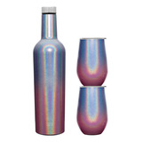 Set De Botella Y 2 Vasos Con Tapa Para Vino En Acero