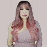 Peruca Com Franja Rosa Ondulada Lace Wig Fibra Premium 60cm
