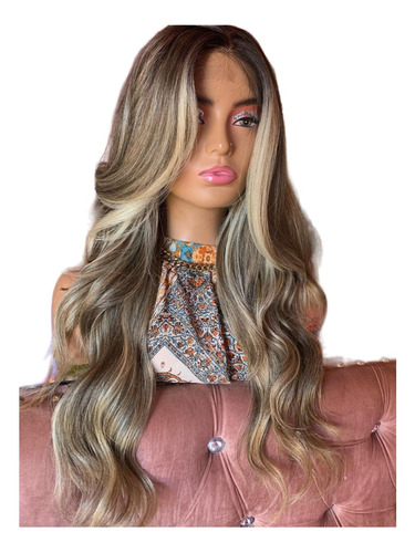 Peruca Front Lace Loira Mechas Ombré Hd Baby Hair Longa Ondu