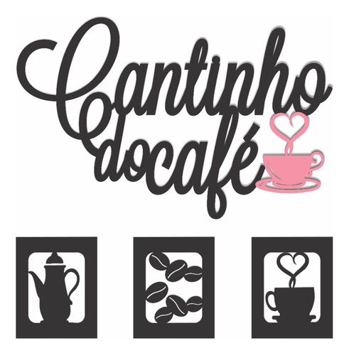 Kit Cantinho Do Café 4 Peças 30cm Mdf Preto/rosa  Decoração