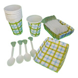 Kit  Picnic Verde Azul Vasos+cubertos+bandejas 36invitados