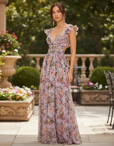 Vestido Largo Fiesta Floral Con Cordón Ajustable En Espalda