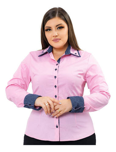 Camisa Manga Longa Detalhe Na Gola Plus Size 