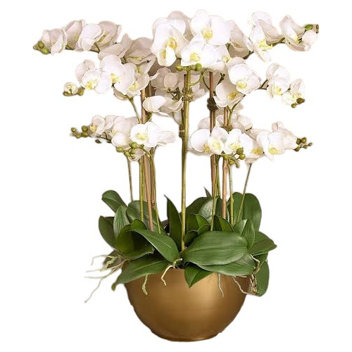 Arreglo 8 Orquídeas Tacto Natural Artificiales, Base Dorada