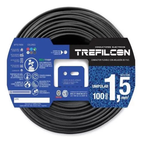 Cable Unipolar Normalizado 1.5mm Rollo X 100 Mtr Trefilcon Cubierta Negro