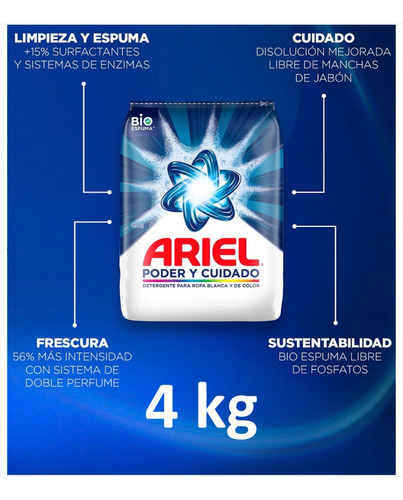 Ariel Poder Y Cuidado 4kg Detergente Para Ropa Blanca/color