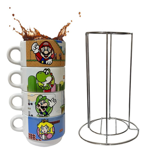 Kit Xícara Caneca Café Super Mario Torre Com Suporte 150ml