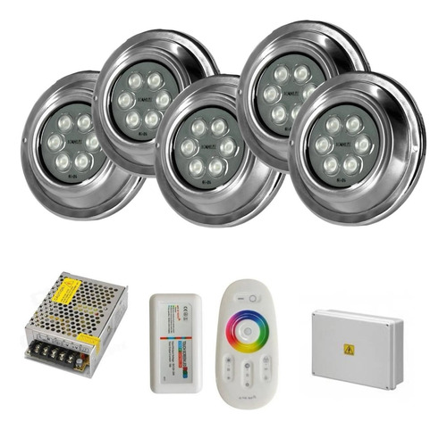 Kit 5 Luces Led 20w Rgb Piletas + Tablero + Fuente +c Remoto