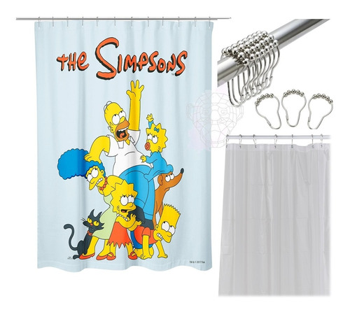 Cortina De Baño Los Simpsons + Protector + Ganchos Metálicos