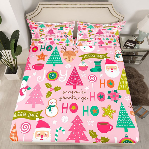 Juego De Ropa De Cama De Navidad Rosa Con Diseno De Papa Noe